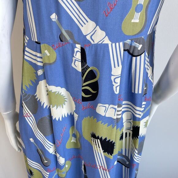 80's Vintage Reyn Spooner Hawaiian Midi Dress Ukelele Rare Print Rayon Sz Small - Picture 9 of 16